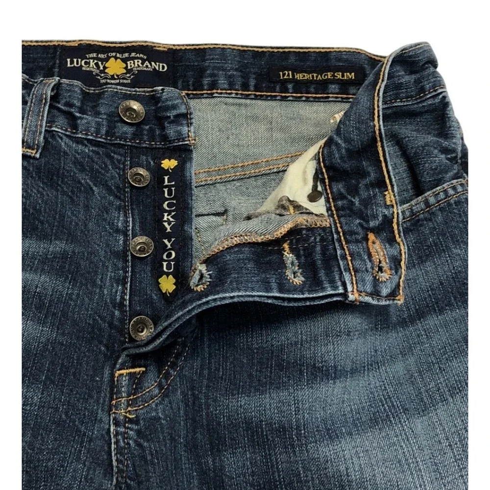 Lucky Brand 121 Heritage Slim Mens Dark Wash Blue Denim Jeans 33x32 Button Fly